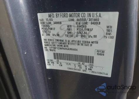 2004 Ford F150 Stx/Xl/Xlt from USA, damaged, VIN 1FTRF12W94NA98404